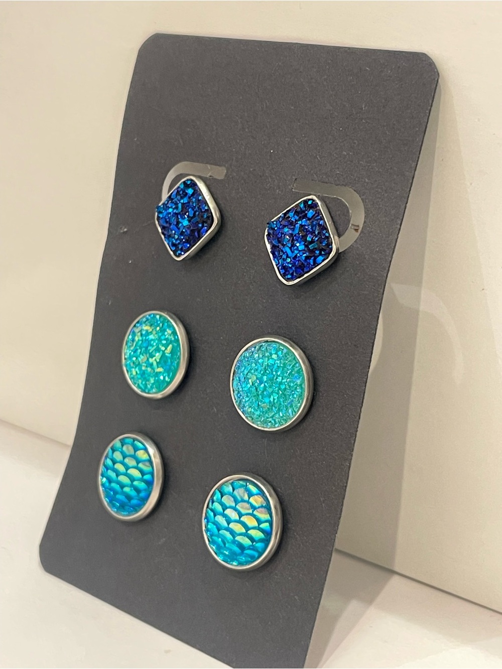 Set of 3 Mermaid Blue and Teal Druzy Handmade Stud Earrings E4
